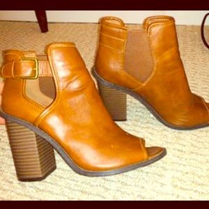 Cognac peep toe leather booties